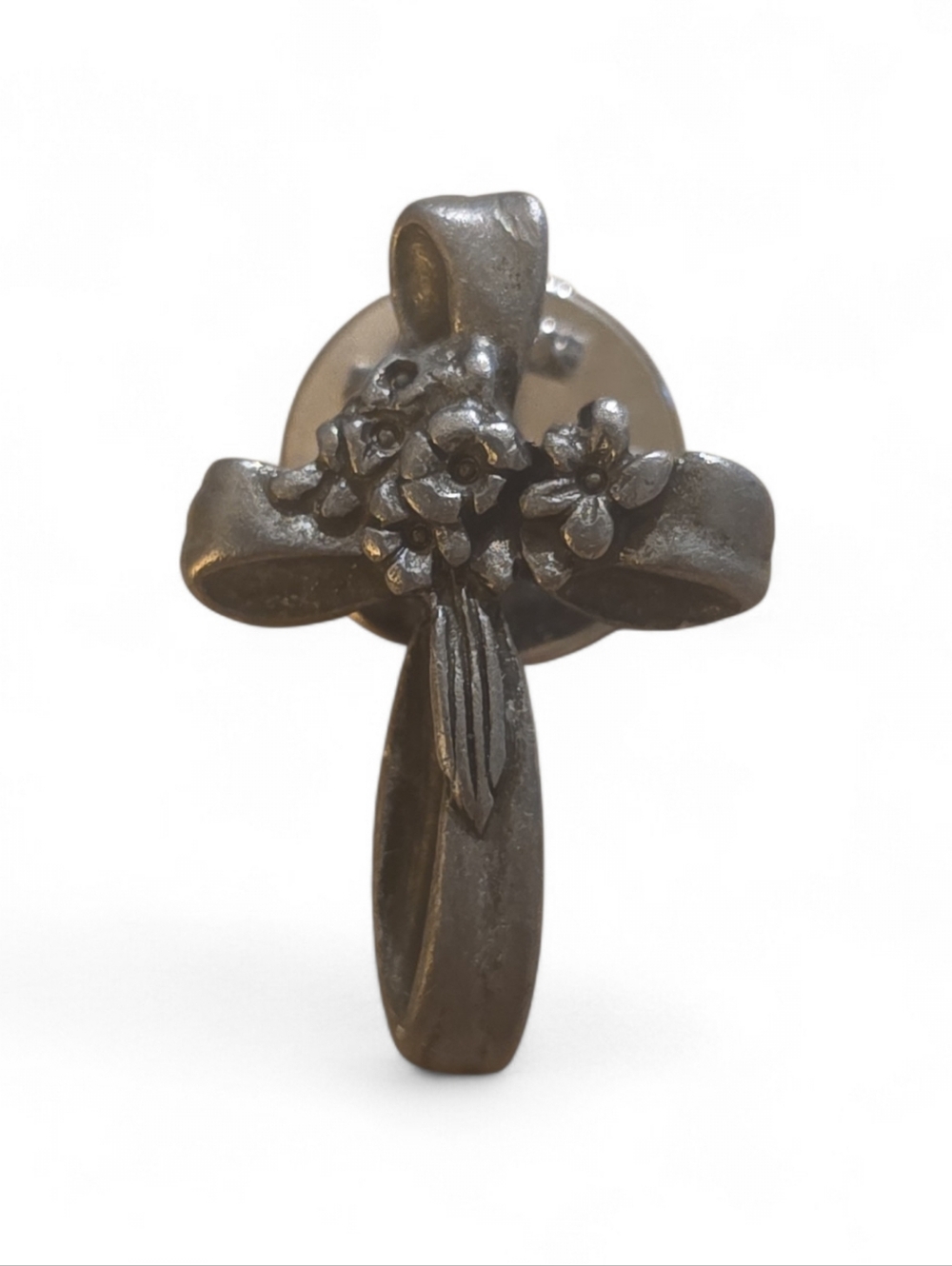 VTG Cross Flowers Ribbon CTA Pewter Silver Tone Pin Christian Religious Jewelry